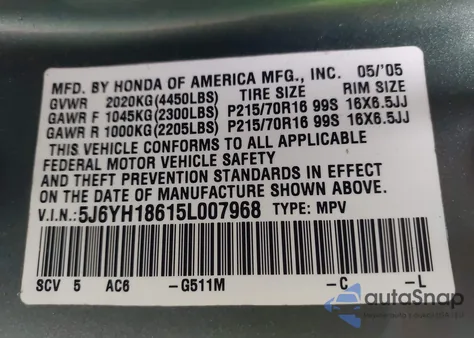 2005 Honda Element Ex from USA, damaged, VIN 5J6YH18615L007968